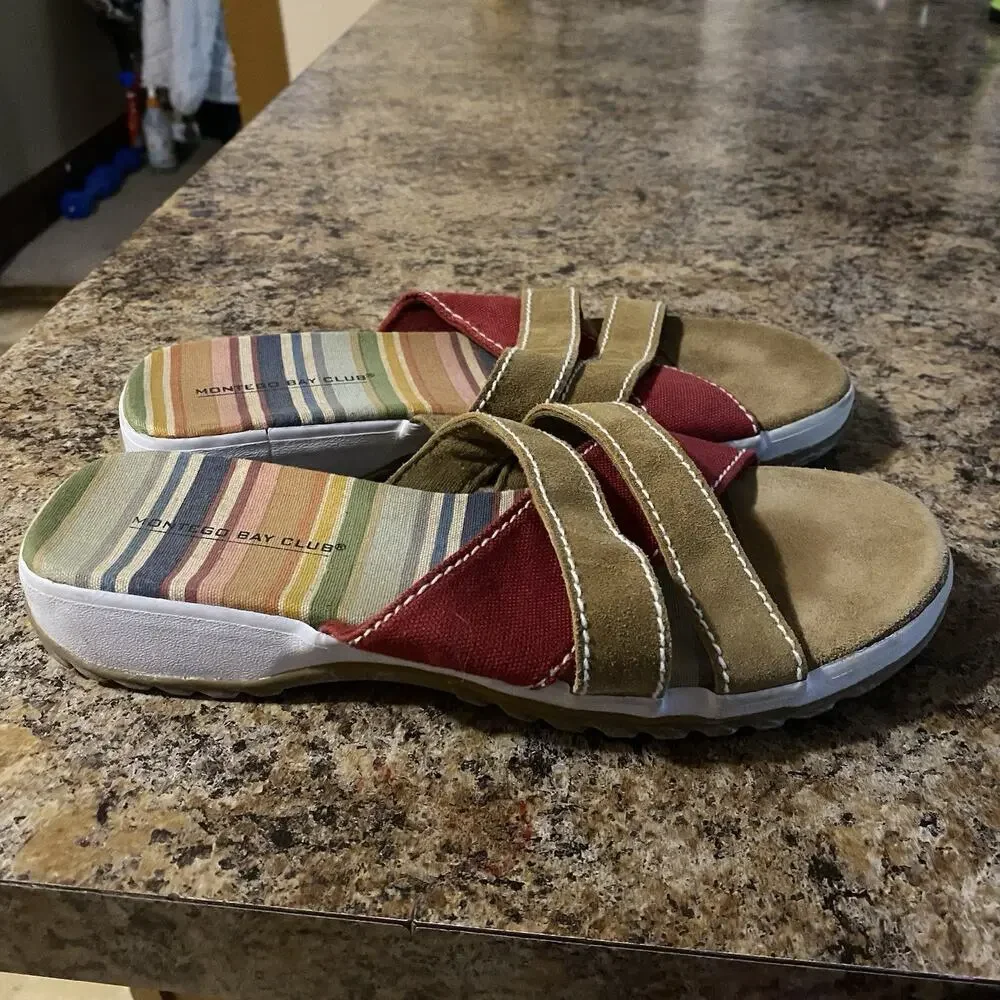 MONTEGO BAY Club Women 8 Summer Sandal Multicolor Suede Canvas Slip On Slides